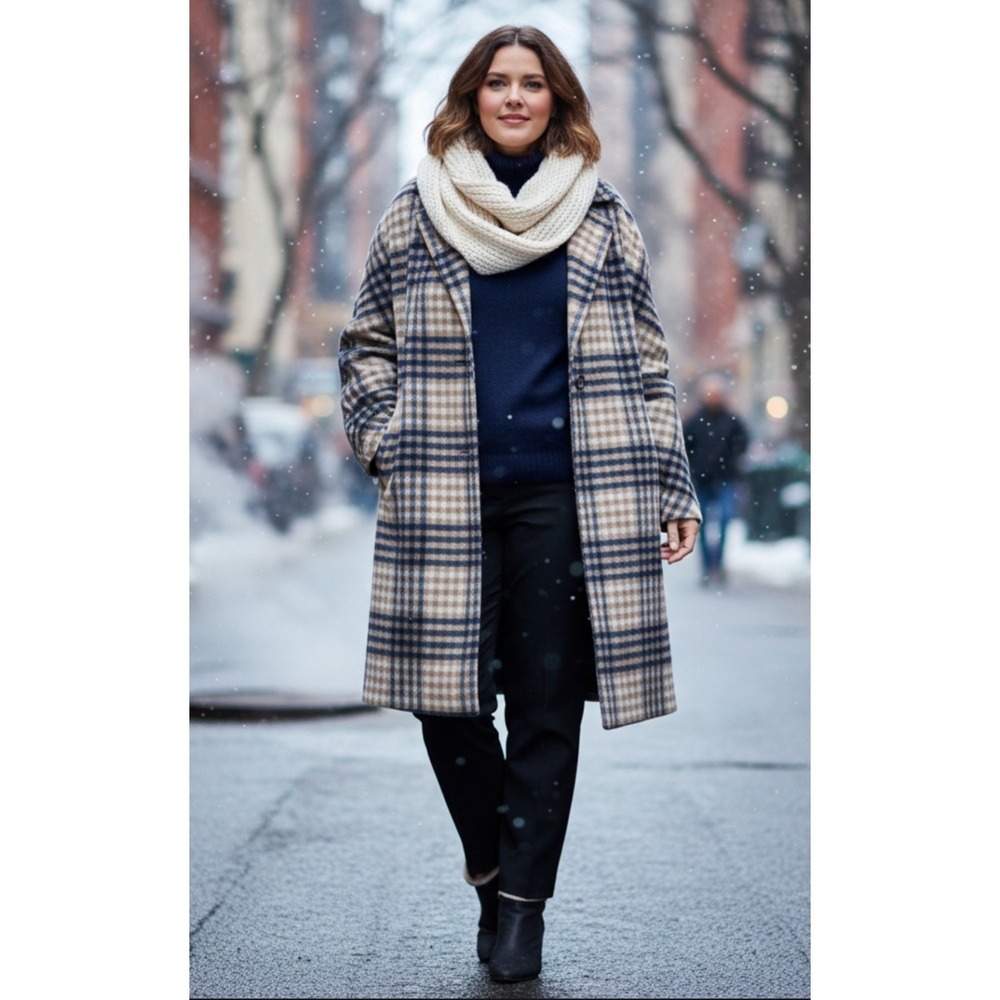 Rails Plaid Wool Blend Coat Women XXL‎ Tan Blue Oversized Longline Jacket